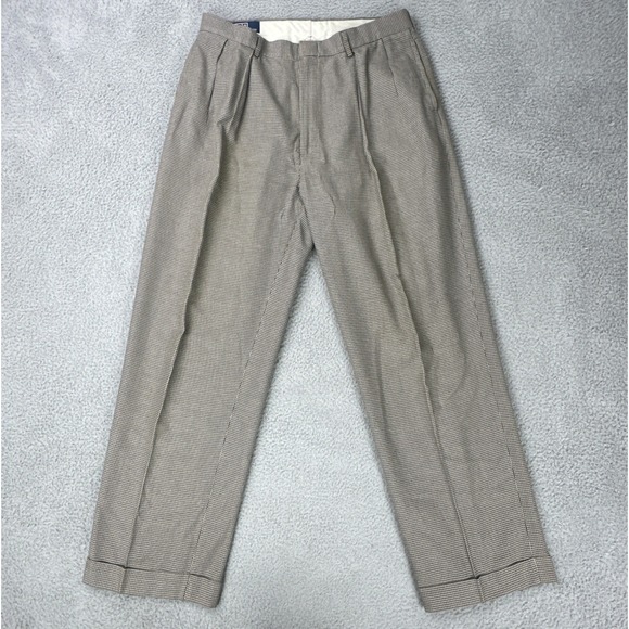 VTG Polo Ralph Lauren Pleated Dress Pants Men 36x32 Houndstooth Cuffed Cotton - Picture 1 of 16